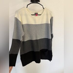 Vince Camuto Striped Crewneck Sweater in Ivory, Light Gray, Charcoal, and Black